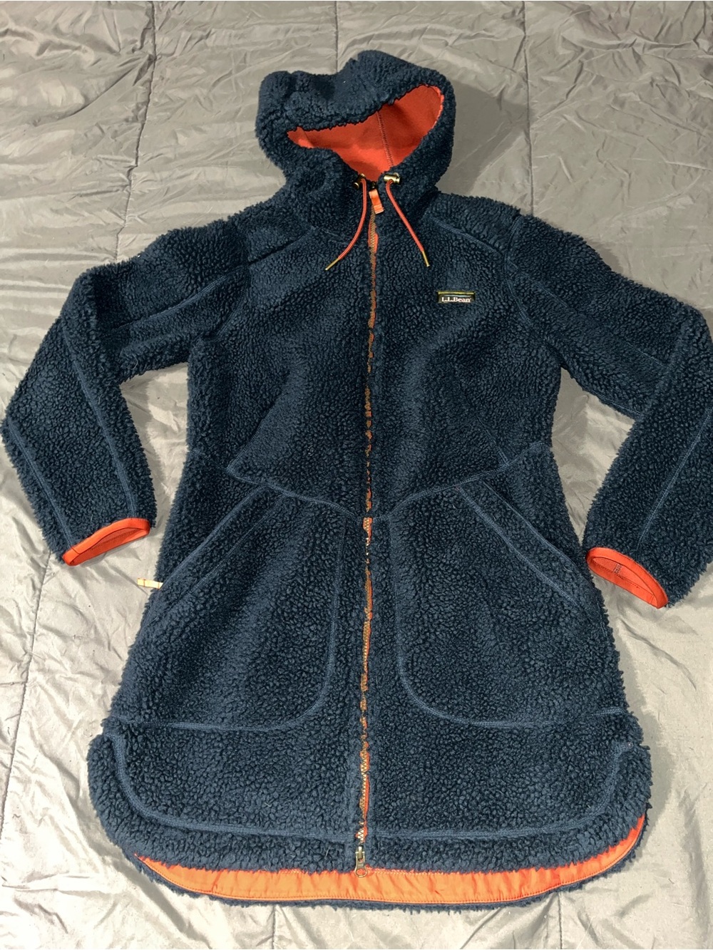Patagonia Navy Sherpa duel layered Hooded Long Puffer with Orange Trim